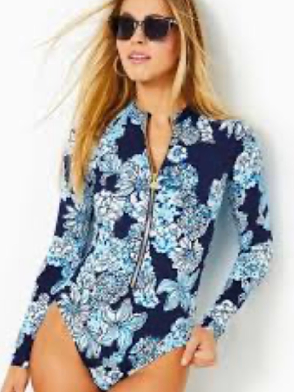 Lilly Pulitzer Navy and Light Blue Floral Zip-Front Rashguard One-Piece